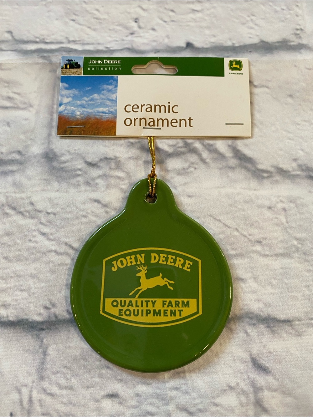 John Deere Green & Gold Round Ceramic Ornament NWT